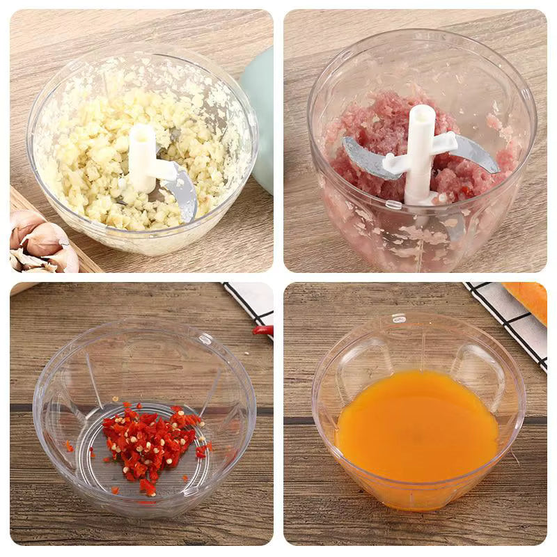 Various foods chopped with the ChopEase™ manual chopper, including vegetables, fruits, and meats