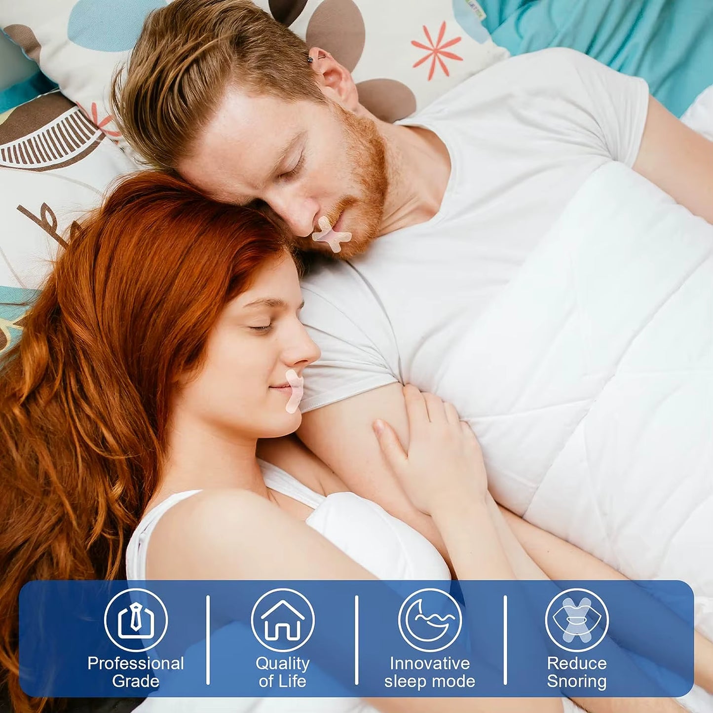 Peaceful couple sleeping side by side, with one partner wearing SilentSeal™ mouth tape to reduce snoring and promote nasal breathing