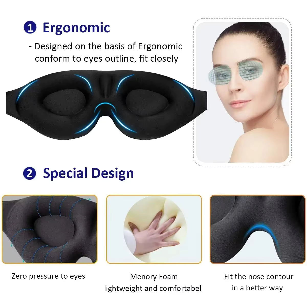 Close-up of DreamMask™ showcasing its ergonomic 3D contoured design for comfortable, pressure-free sleep