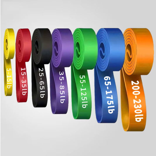 FlexForce resistance bands color-coded by resistance levels: yellow, red, black, purple, green, blue, orange, grey