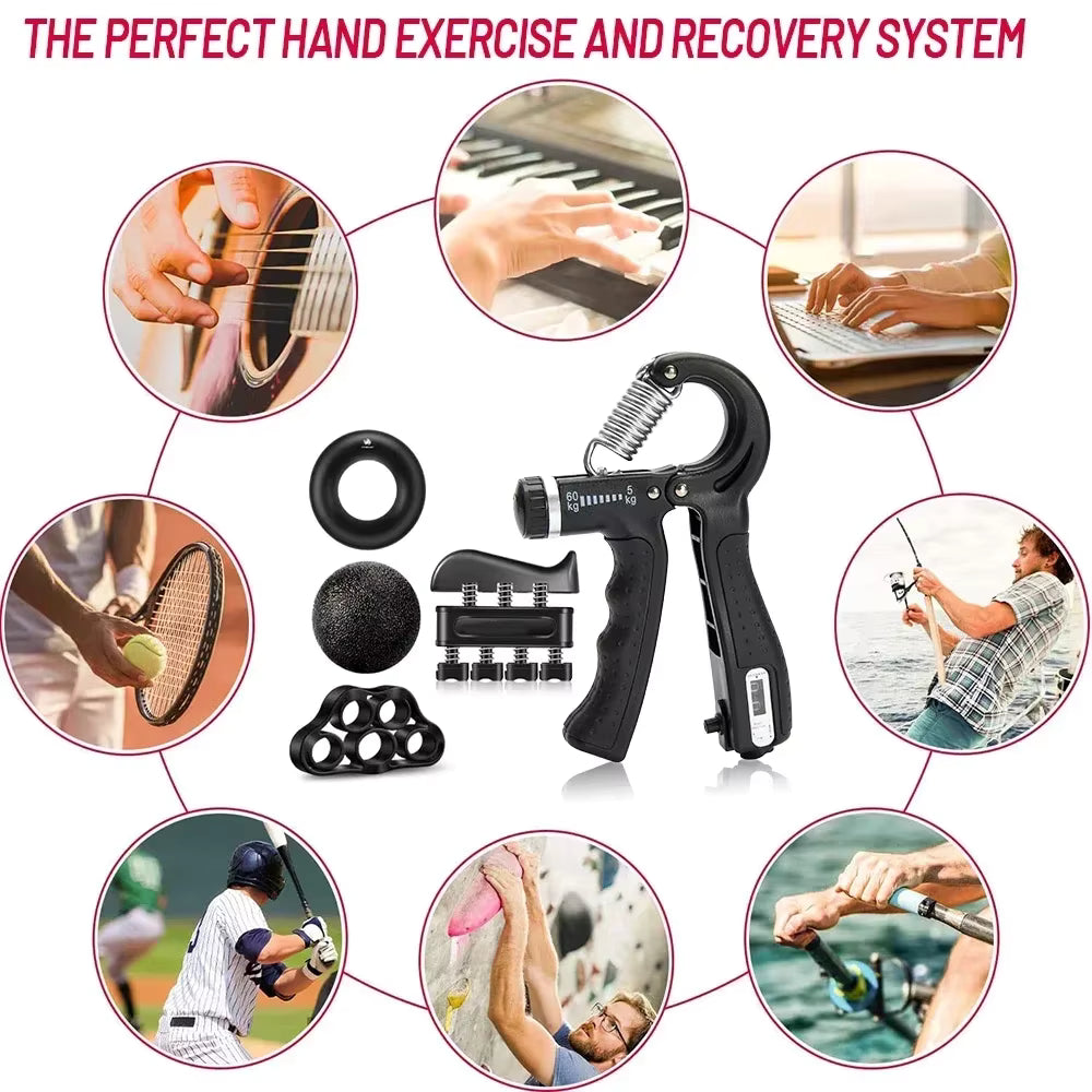 Step-by-step usage flow of GripMaster™ hand grip strengthener kit including adjustable grip, finger exerciser, resistance band, grip ring, and therapy ball for full hand training