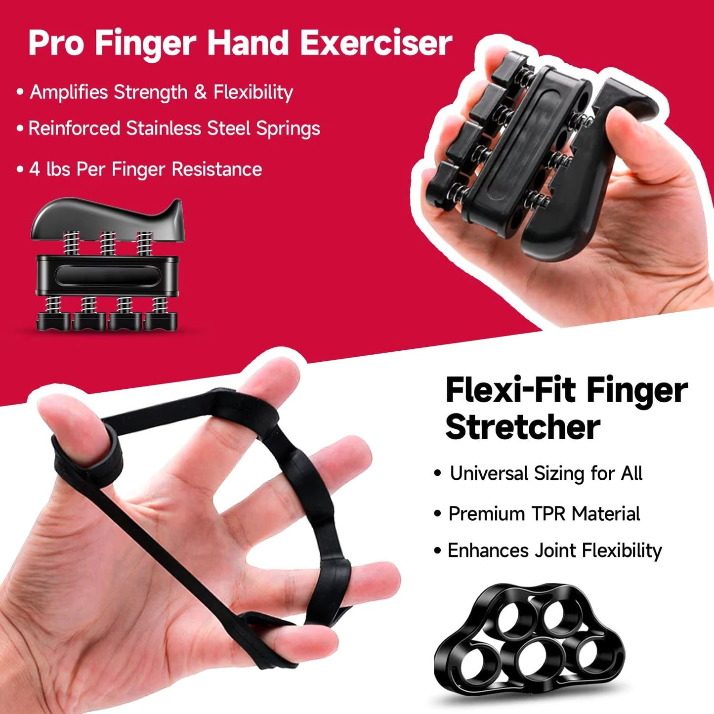 GripMaster™ finger grip exerciser and finger stretcher resistance band displayed together for comprehensive finger strength and flexibility training
