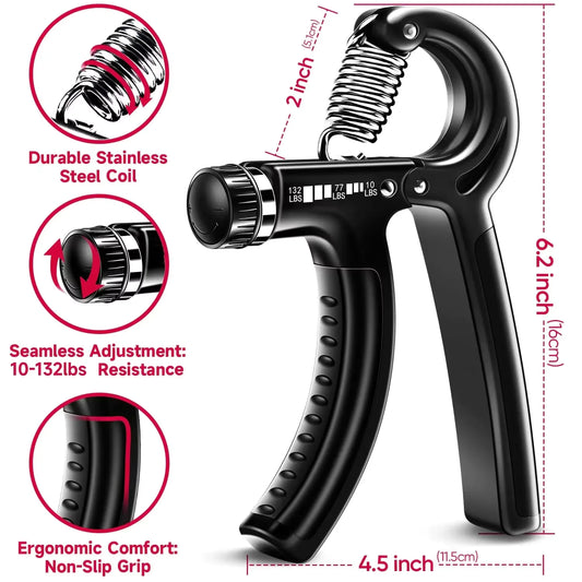 GripMaster™ adjustable hand grip strengthener showing size, materials, and technical specifications for ergonomic design and durability