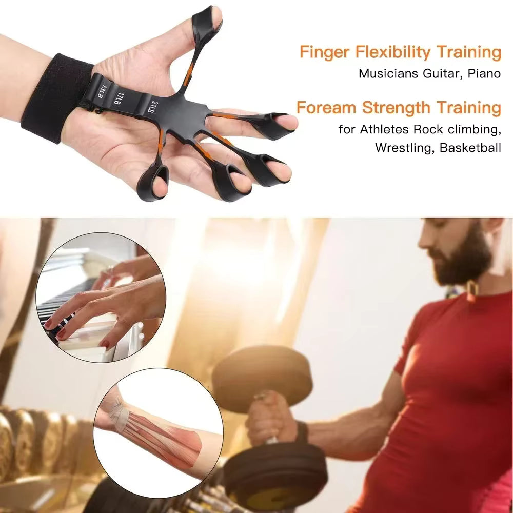 Person demonstrating both strength and flexibility exercises for fingers using GripMaster™ hand grip strengthener kit