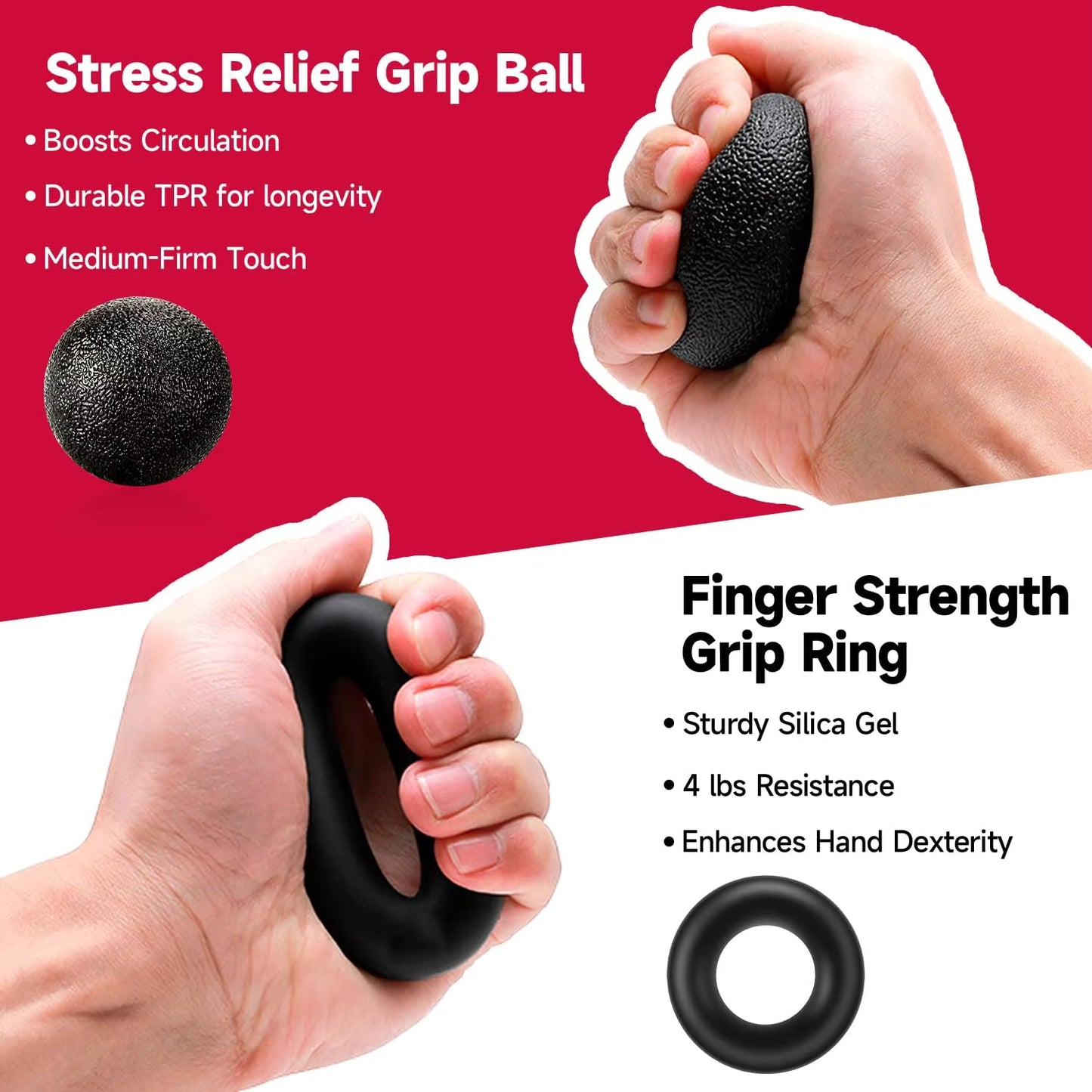 GripMaster™ hand therapy ball and grip ring shown together, designed to relieve hand stress and improve grip strength