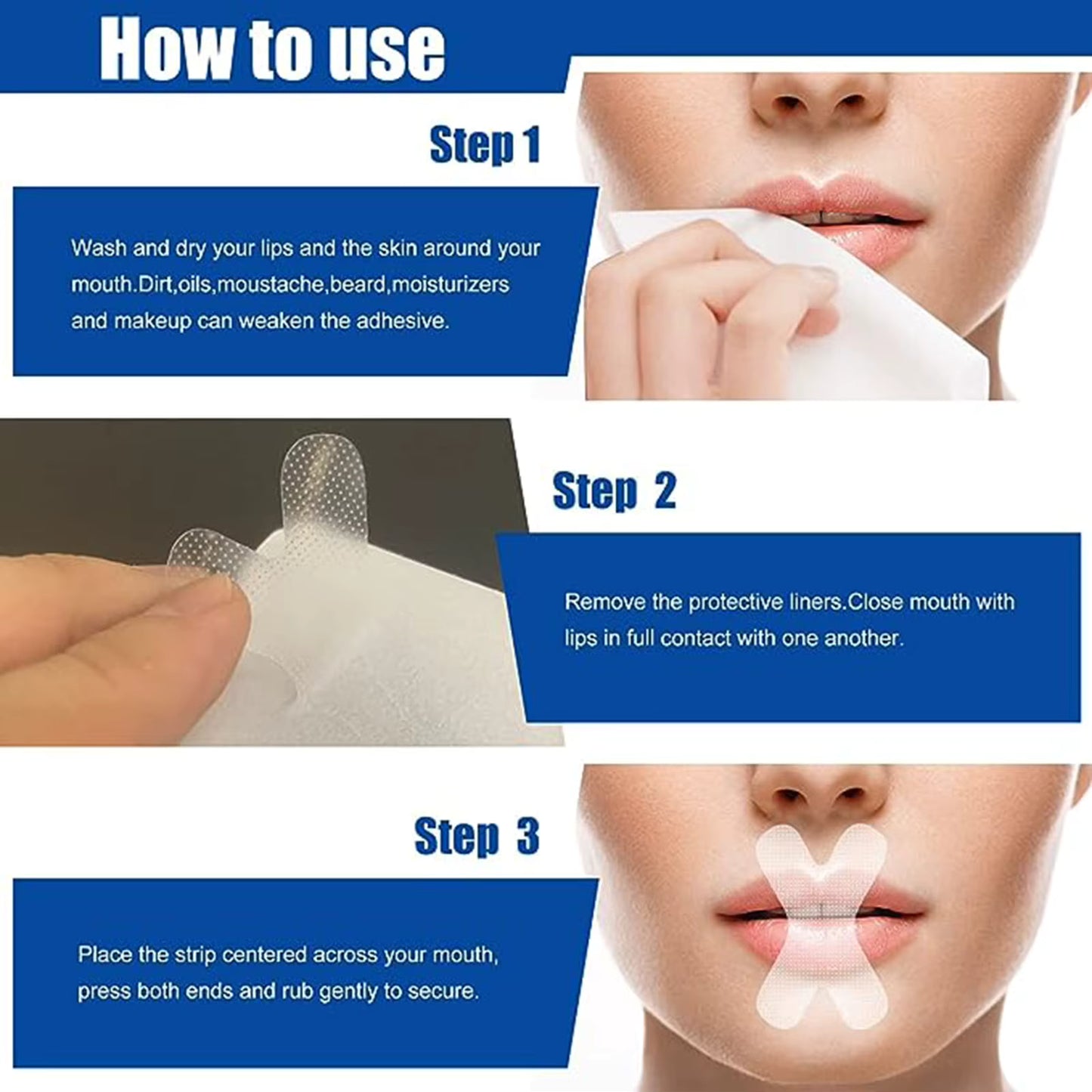 Step-by-step instructions showing how to apply and use SilentSeal™ mouth tape for snoring reduction and improved sleep