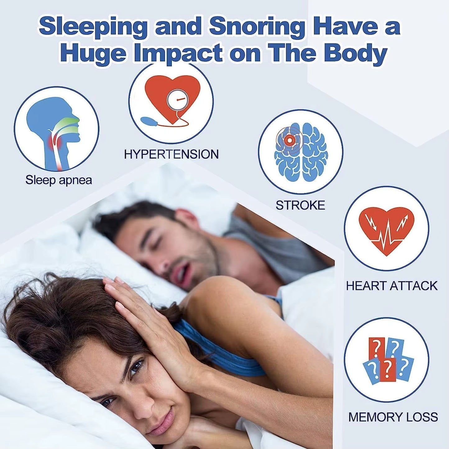 Visual representation of the negative health effects of mouth breathing and snoring, including dry mouth, poor sleep, fatigue, and decreased oxygen intake