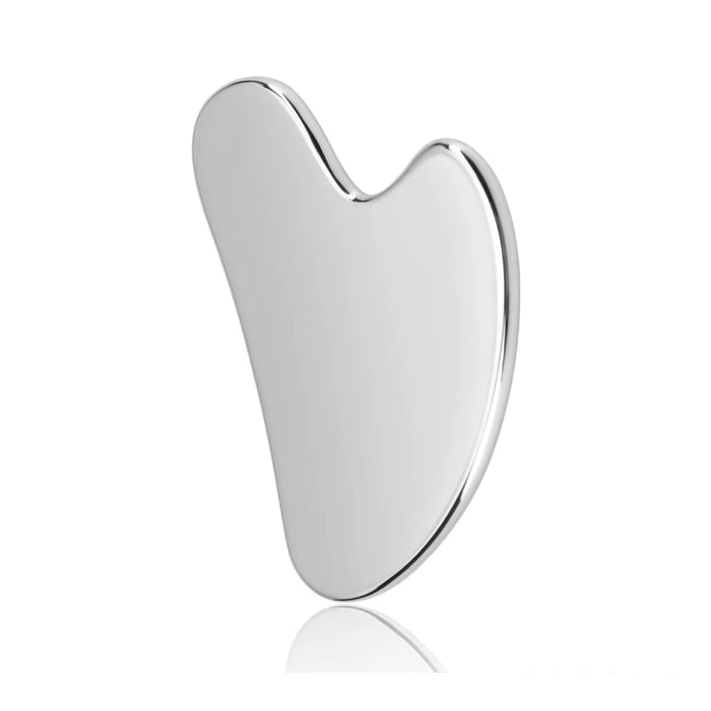 SkinSculpt™ stainless steel Gua Sha massage tool shown alone on a clean background, highlighting its sleek and polished design
