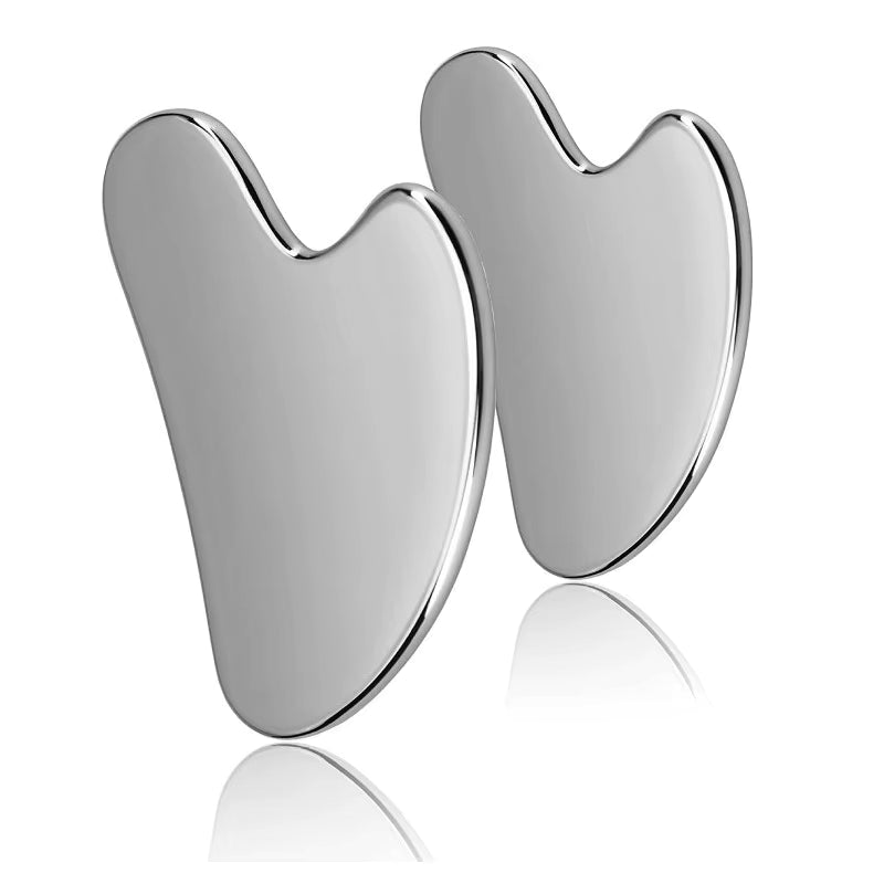 Two SkinSculpt™ stainless steel Gua Sha tools displayed side by side, ideal for face and body massage routines