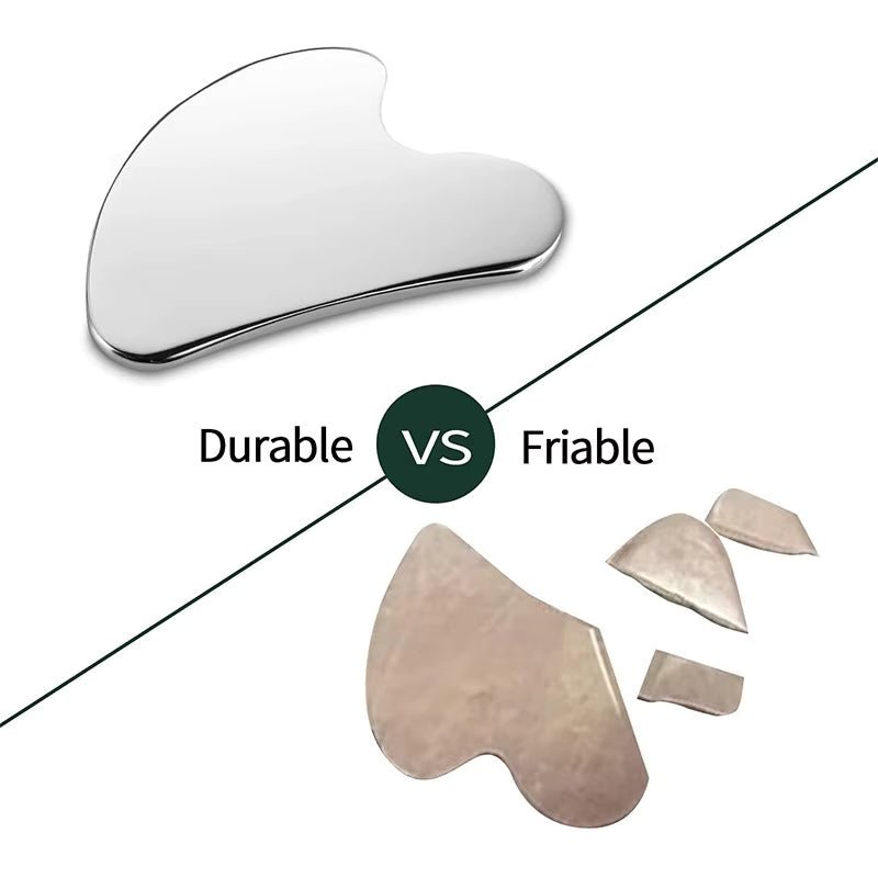 Comparison between durable SkinSculpt™ stainless steel Gua Sha tool and a broken, fragile alternative, highlighting quality and longevity