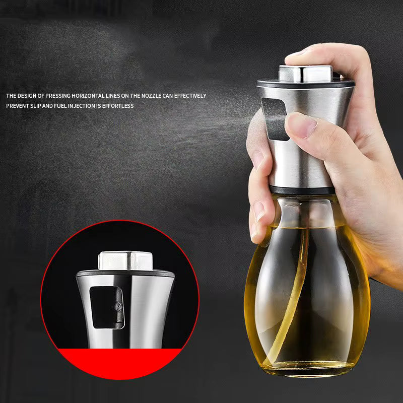 Close-up view of SprayChef™ fine mist oil dispenser stainless steel nozzle, showcasing its precision and durability