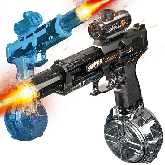 AquaBlaster™ futuristic automatic electric water gun showcase on a clean white background