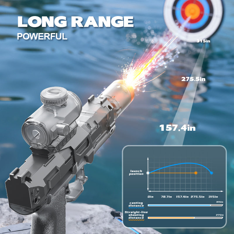 AquaBlaster™ electric water gun demonstrating long-range soaking power outdoors during a summer pool party