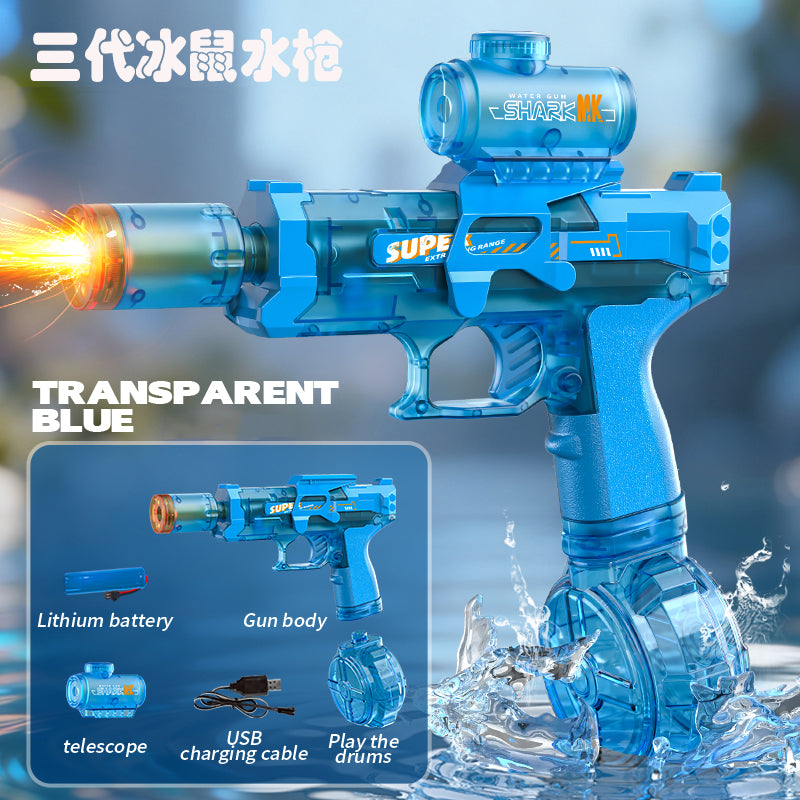 Transparent blue variant of the AquaBlaster™ futuristic automatic electric water gun