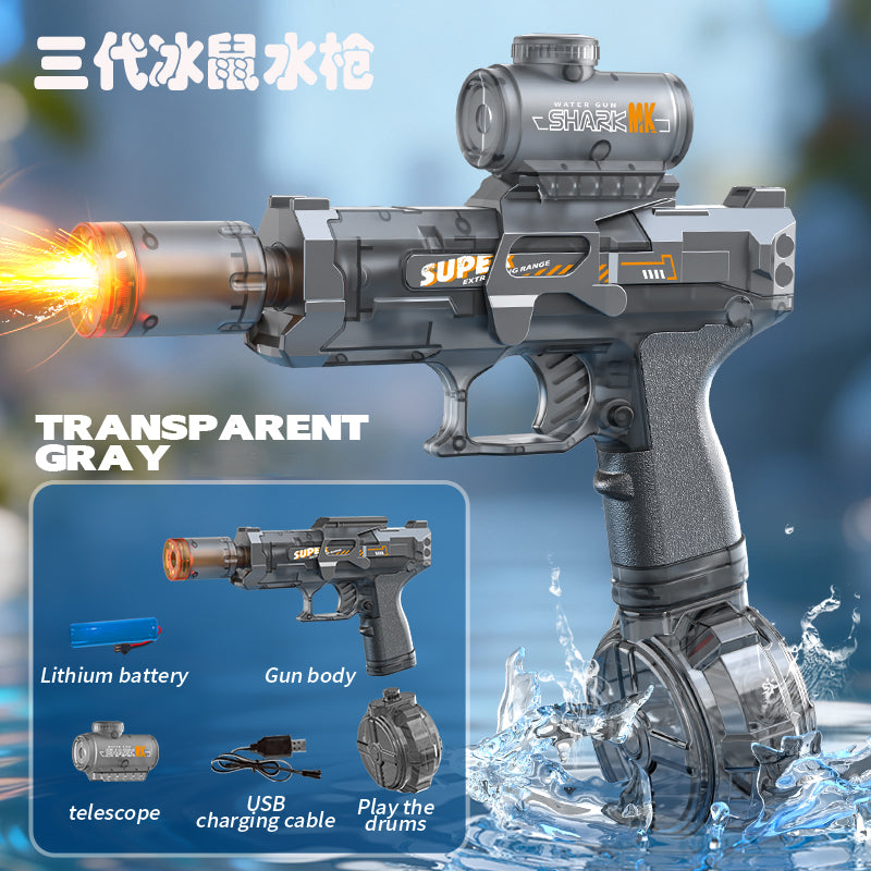 Transparent grey variant of the AquaBlaster™ futuristic automatic electric water gun