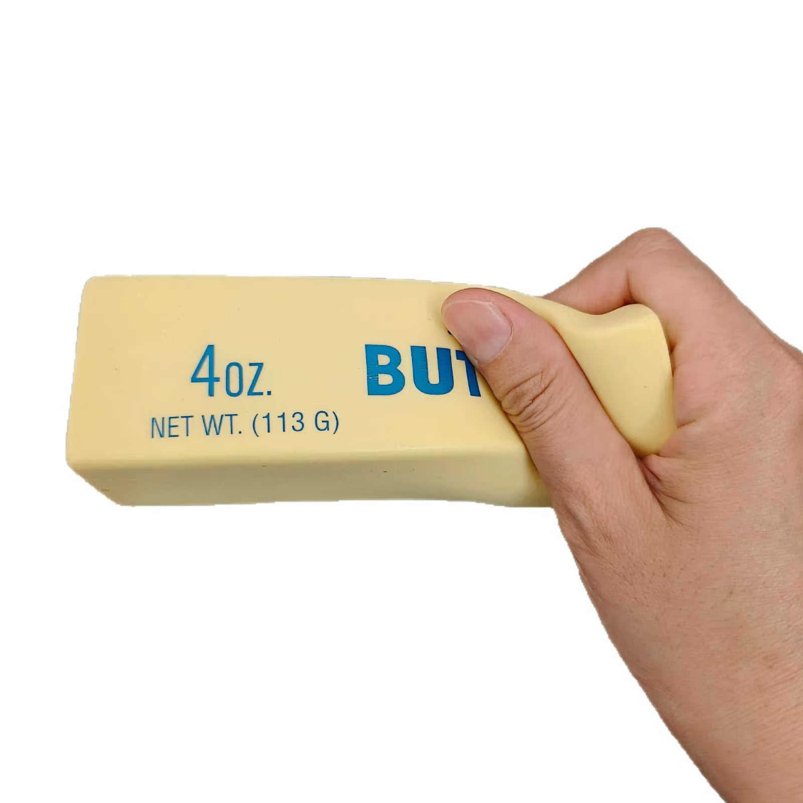 ButterPress™ memory foam stick squeezed by hand for instant stress relief