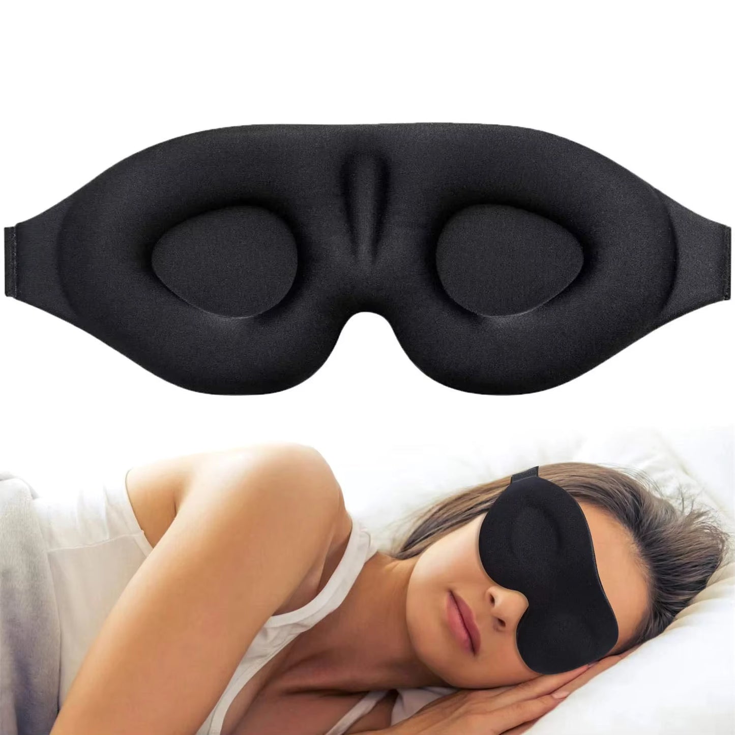 DreamMask™ 3D contoured sleep eye mask displayed above a woman peacefully sleeping while wearing the mask