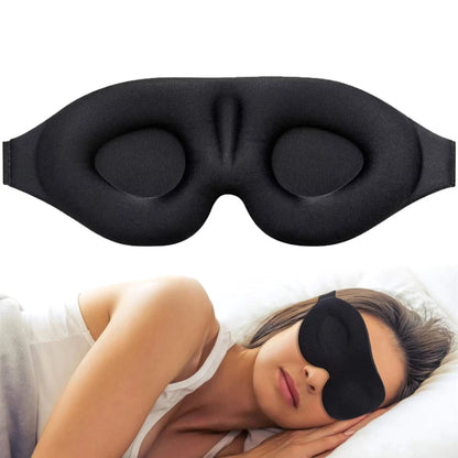 DreamMask™ 3D contoured sleep eye mask displayed above a woman peacefully sleeping while wearing the mask