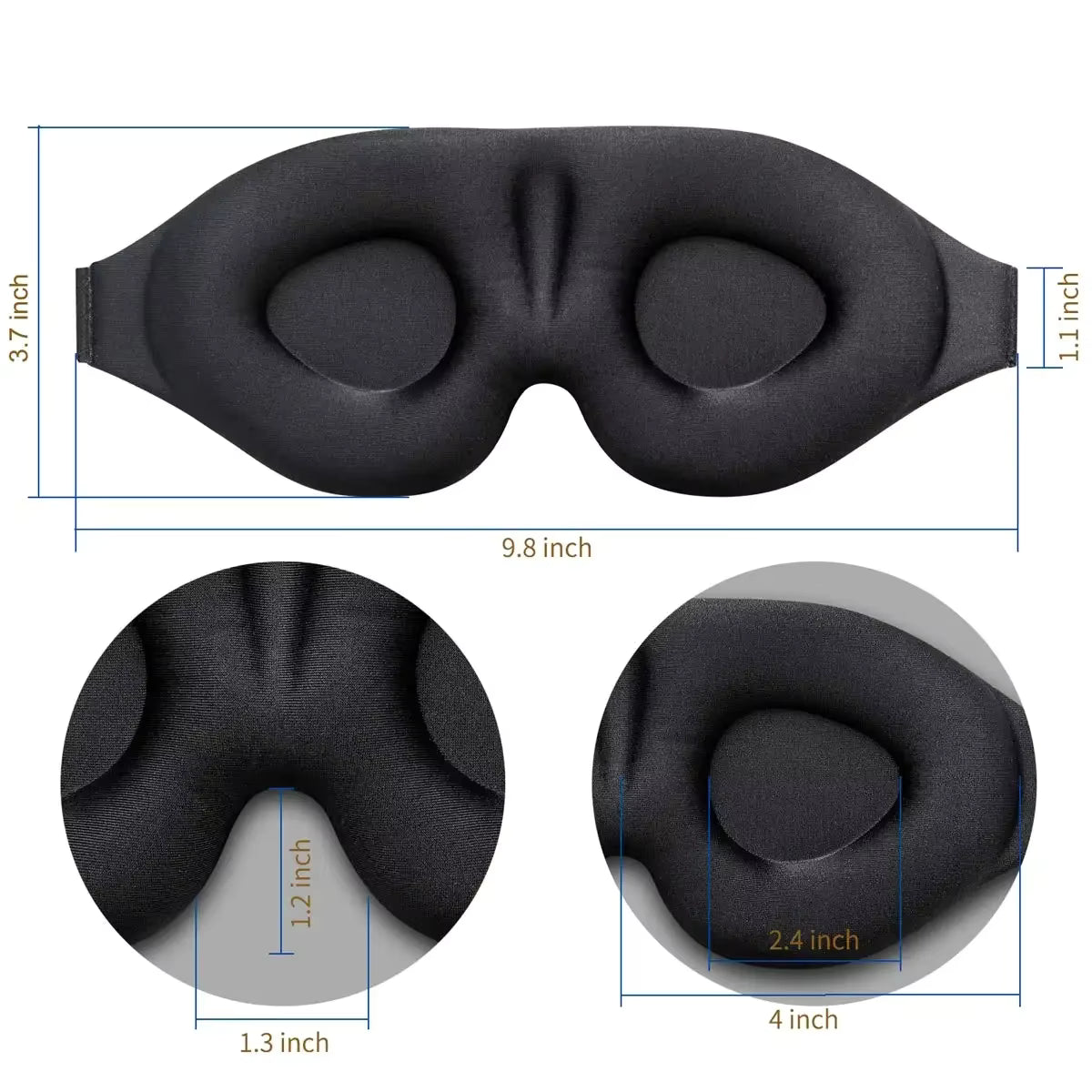 DreamMask™ sleep eye mask displayed with measurements to show its compact and ergonomic size for comfortable wear