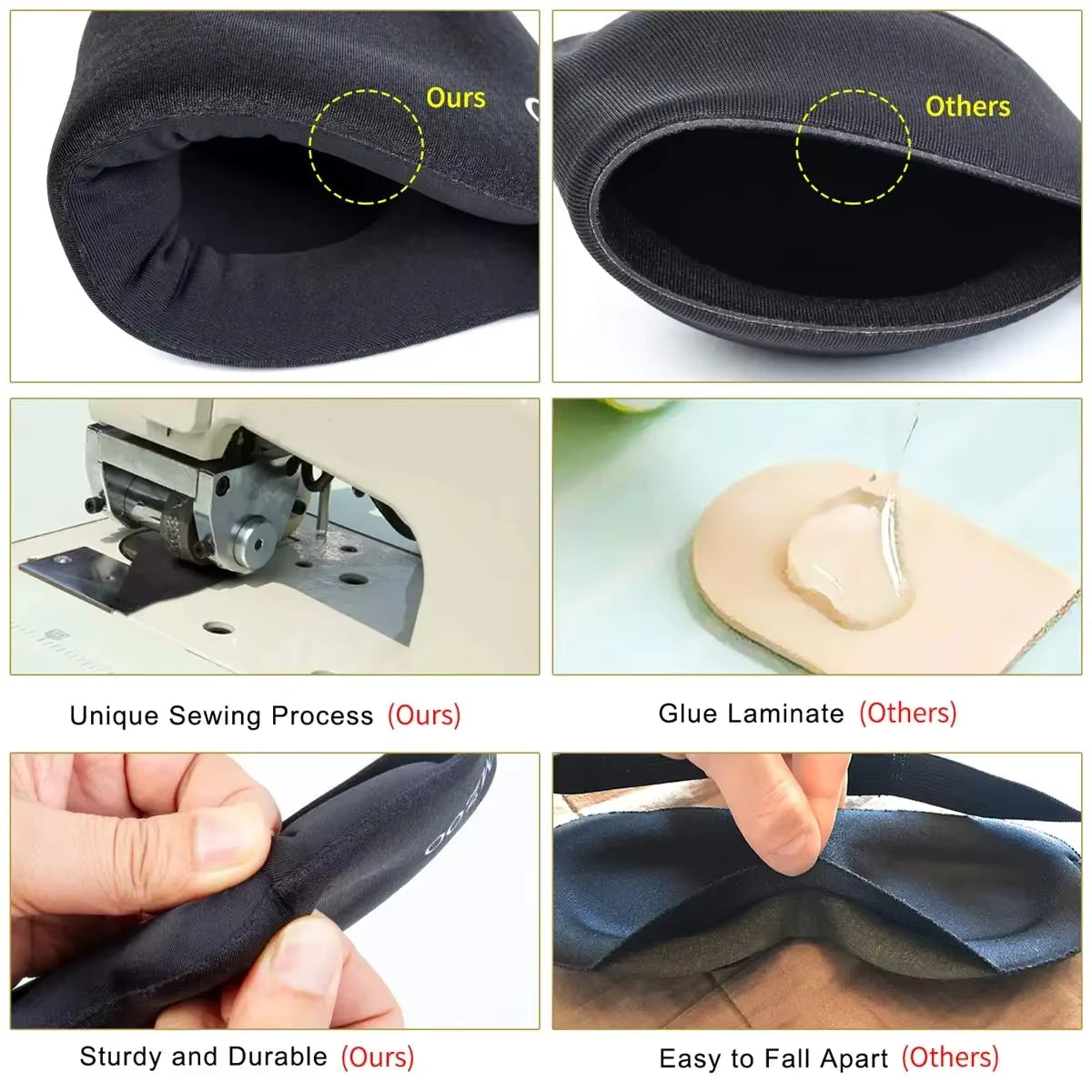 Side-by-side comparison showing DreamMask™ high-quality materials and craftsmanship versus a lower-quality competing sleep mask