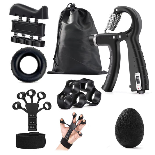 GripMaster™ adjustable hand grip strengthener kit with finger exerciser, resistance band, grip ring, and therapy ball