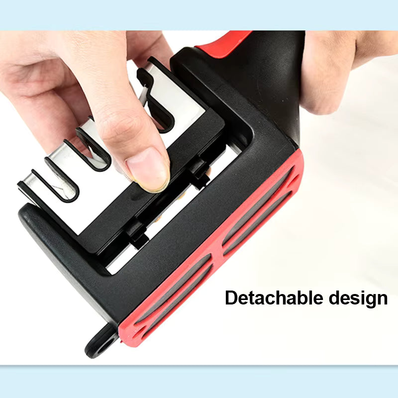 Detachable head of the SharpEdge™ knife sharpener being separated from the base, showcasing easy maintenance and blade access