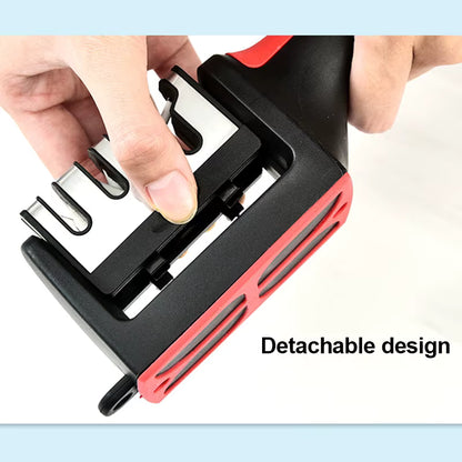 Detachable head of the SharpEdge™ knife sharpener being separated from the base, showcasing easy maintenance and blade access