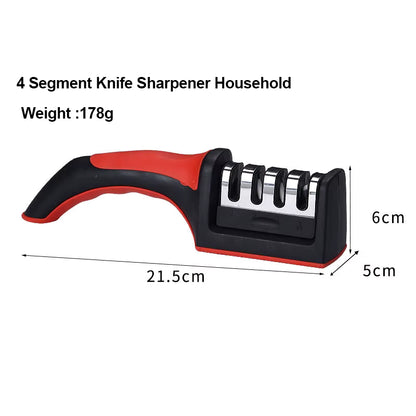Diagram of the SharpEdge™ 3-in-1 knife sharpener with labeled dimensions in centimeters or inches, showing height, width, and length