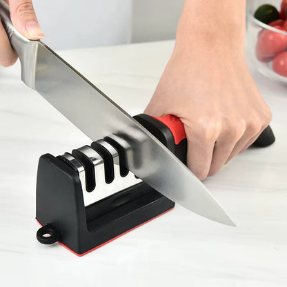 SharpEdge™ multifunctional 3-in-1 kitchen knife sharpener being used to sharpen a kitchen knife blade