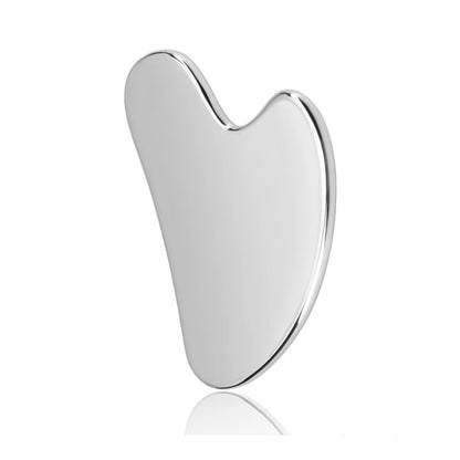 SkinSculpt™ stainless steel Gua Sha massage tool shown alone on a clean background, highlighting its sleek and polished design