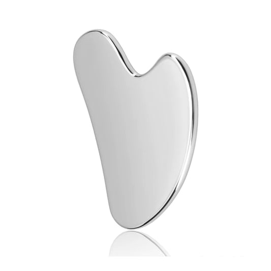 SkinSculpt™ stainless steel Gua Sha massage tool shown alone on a clean background, highlighting its sleek and polished design