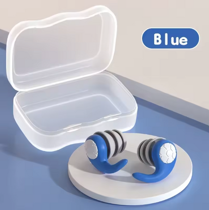 SoftSeal™ noise-blocking earplugs in blue color, designed for comfortable, restful sleep