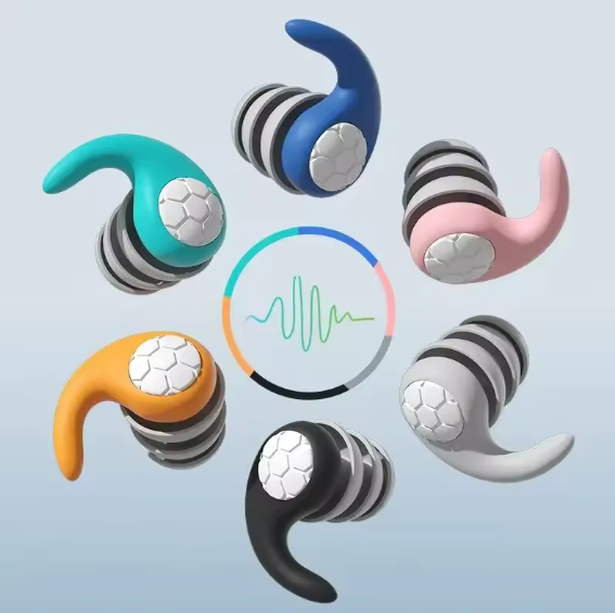 SoftSeal™ noise-blocking earplugs in assorted colors arranged in a circular layout, showcasing all available color options