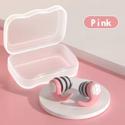 SoftSeal™ noise-blocking earplugs in pink color, combining comfort and style for restful nights